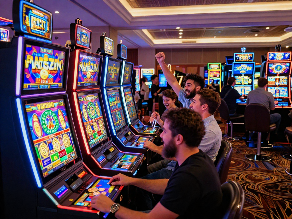 Players celebrating wins at vibrant slot machines showcasing a jackpot win.