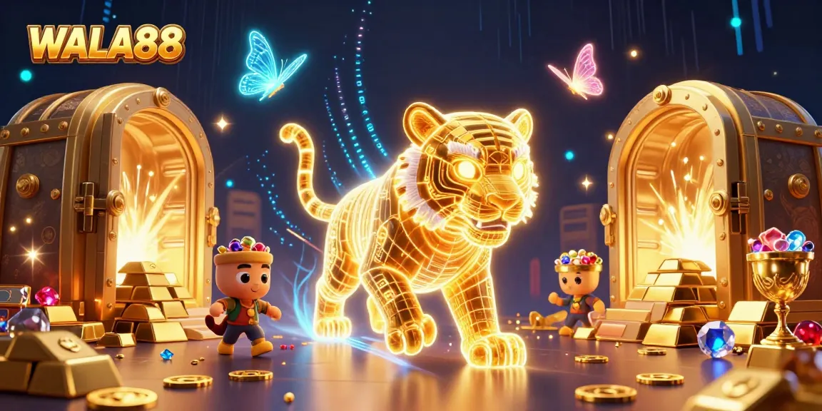 Experience the thrill of WALA88, as a neon tiger navigates a vibrant digital casino landscape filled with gold.