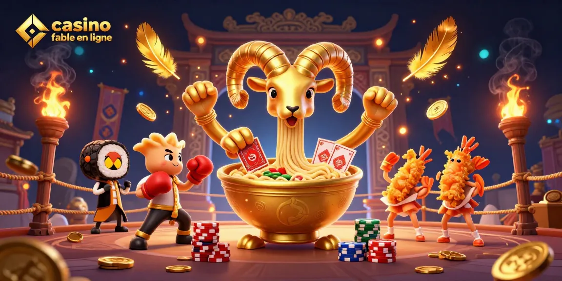 Découvrez un casino fiable en ligne avec une scène dynamique animée par un bol de ramen géant et des éléments de jeu.