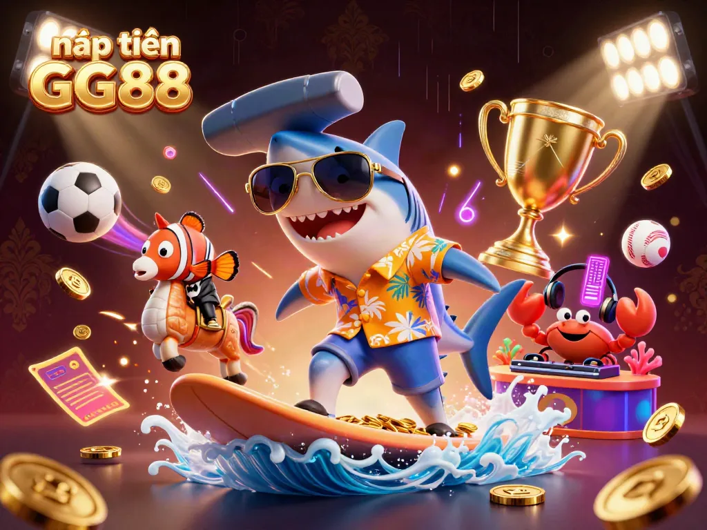 Experience excitement with the vibrant scene of nạp tiền GG88 featuring a surfboarding shark amidst gold coins, sports elements, and neon effects.