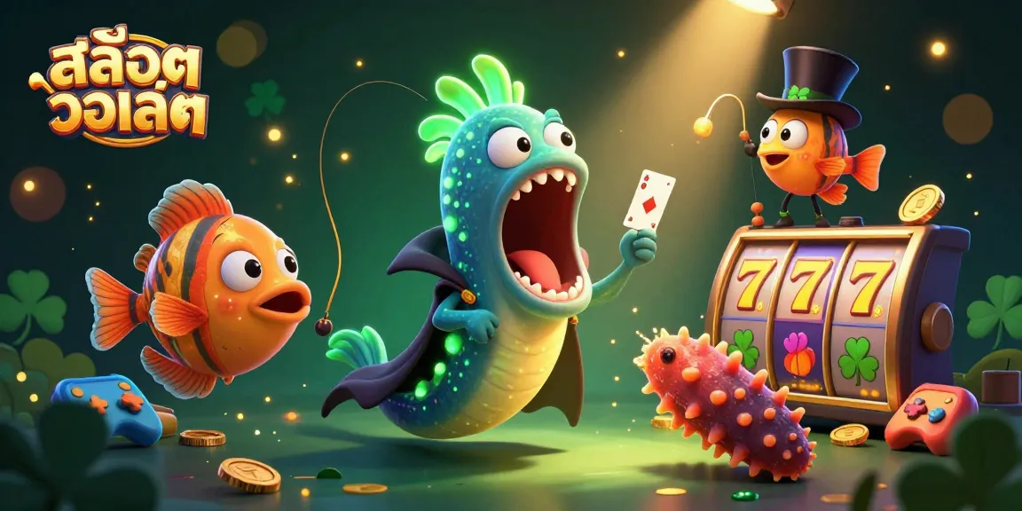 Engage in สล็อตวอเลท magic with 3D cartoon characters performing tricks in a vibrant casino.