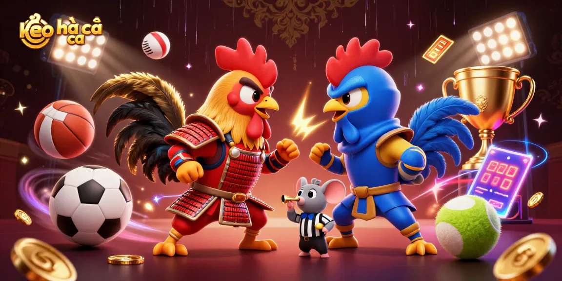 Engage in thrilling kèo nhà cái action with cartoon roosters in battle amidst dynamic sports elements.