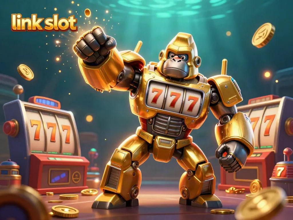 Experience thrilling wins with link slot as the golden gorilla mech attacks the jackpot with coins flying.