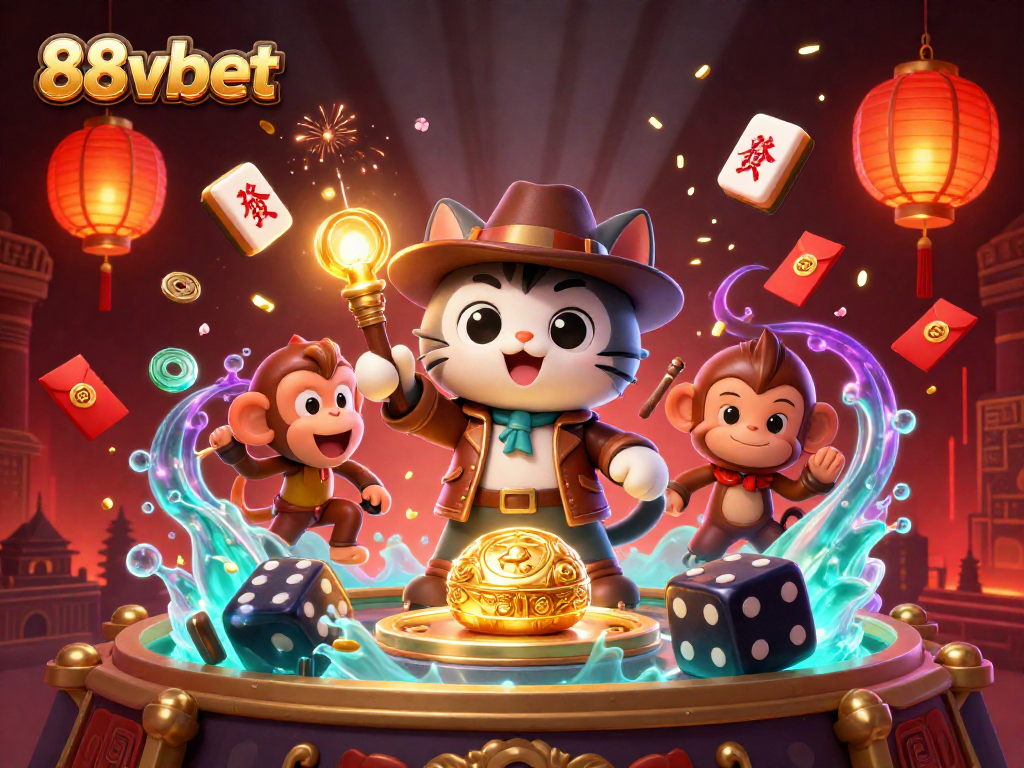 Engage with 88vbet's thrilling casino adventures through a vibrant 3D illustration showcasing dynamic gameplay.