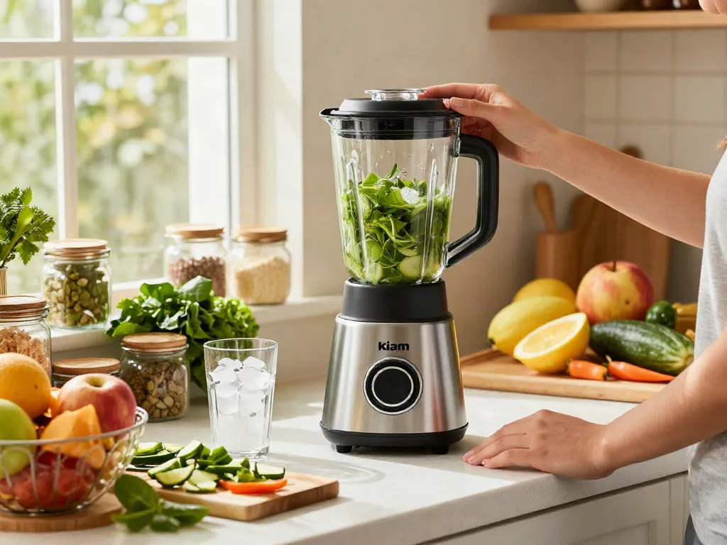 The Kiam Blender blending fresh fruits and vegetables in a vibrant kitchen.