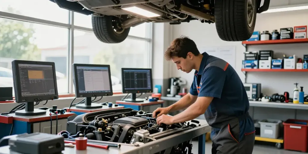 Professional mechanic in a bmw werkstatt hannover diagnosing an engine in a bright auto repair shop.