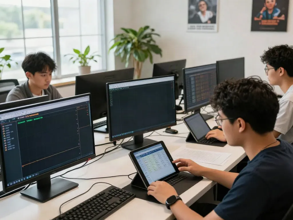 A diverse group analyzing amanahtoto gaming data in a modern home office.