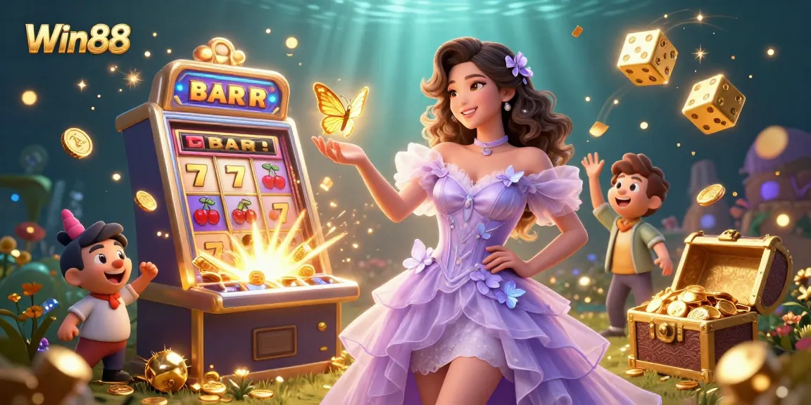 Win88 showcases an Asian woman amid vibrant casinos, capturing the excitement of gaming and jackpots.