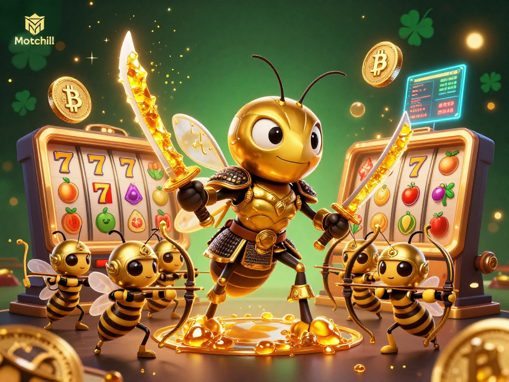 Experience thrilling wins on Motchill with vibrant slot reels and golden hornet warriors.
