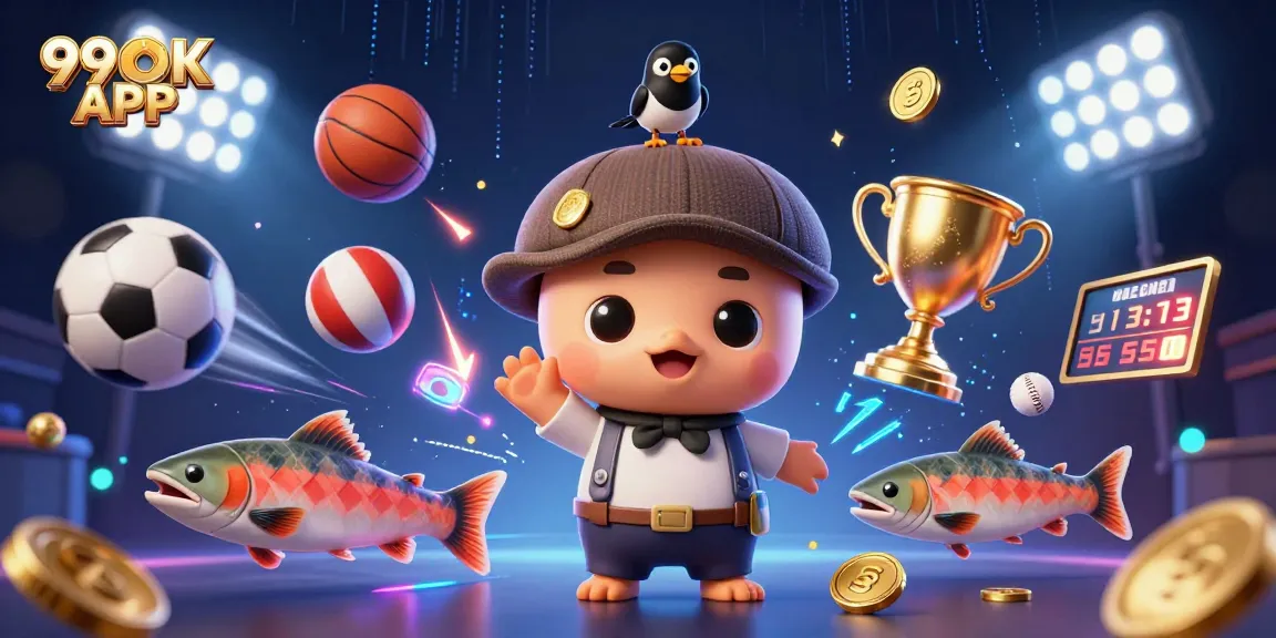 Win big with the 99OK APP, featuring a vibrant 3D scene with cartoon characters and sports betting elements.