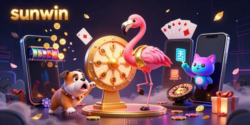 Experience the thrill of sunwin with a vibrant casino scene showcasing an exciting game show and dynamic prizes.