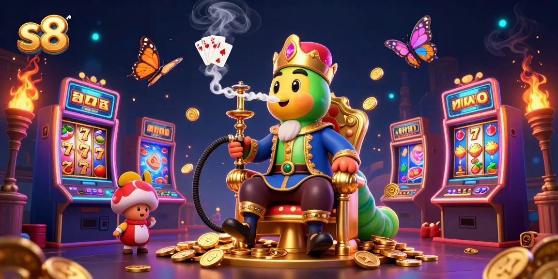 S8 engages players with vibrant slot machines and golden themes in a colorful cartoon illustration.