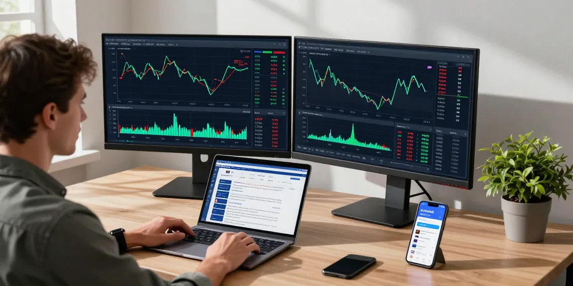 Trader analyzing market data with MetaTrader 5 on dual monitors in a modern office