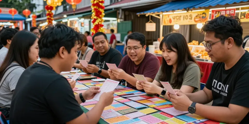 Pengalaman ceritoto togel dengan teman-teman di pasar malam, tiket lotere berwarna-warni dan suasana ceria.