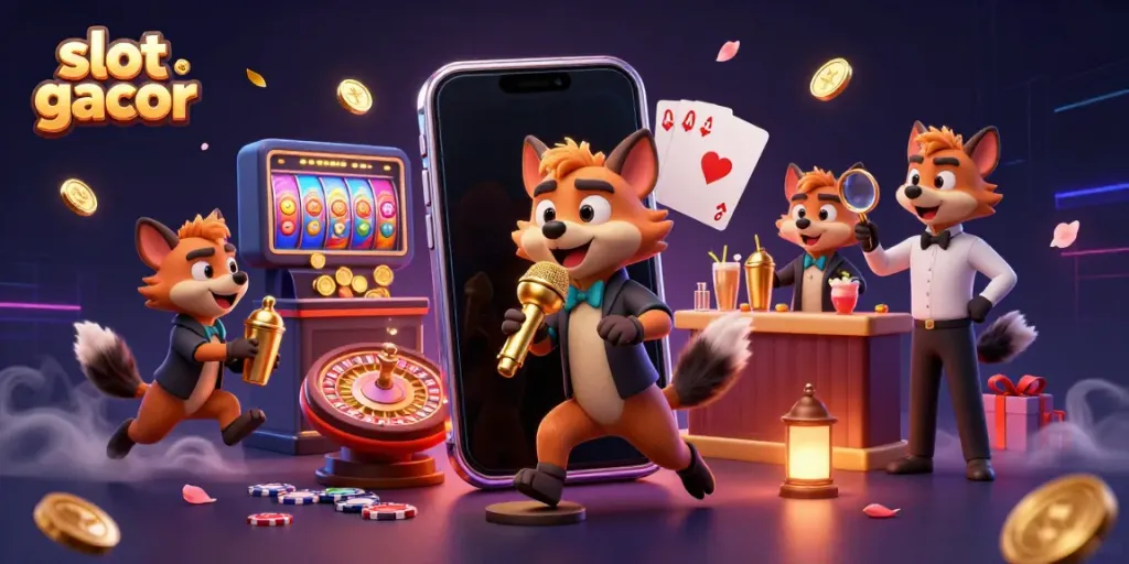 Experience the excitement at slot gacor with hyenas in a vibrant casino scene filled with games and laughter.
