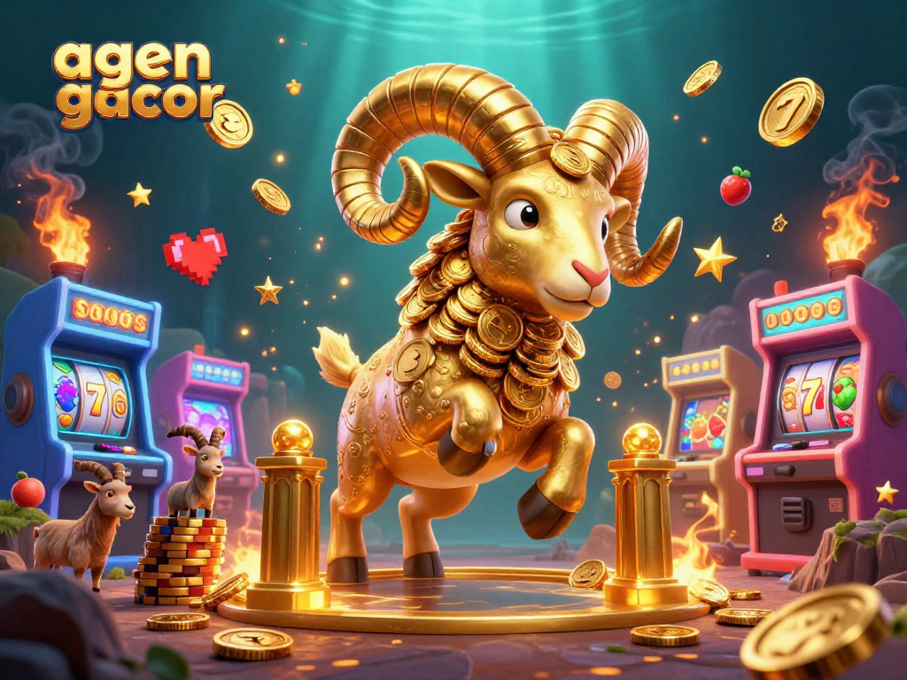 Engage with the agen gacor ram character charging through a golden gate amid vibrant casino elements, showcasing jackpots and slot reels.