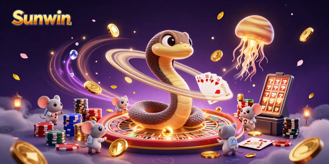 Experience the thrill of Sunwin with a cosmic roulette wheel and playful astronaut mice in this vibrant illustration.