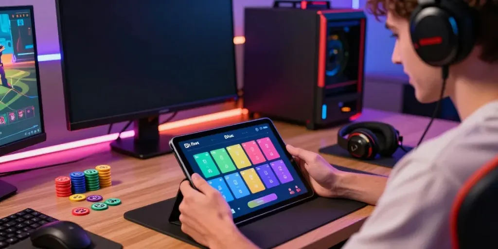 Engaged player using the DM First app in a vibrant gaming setup.