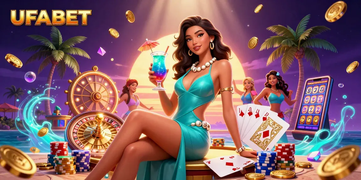 Experience thrilling online gaming at UFABET with vibrant casino elements like tropical cocktails and a golden prize wheel.