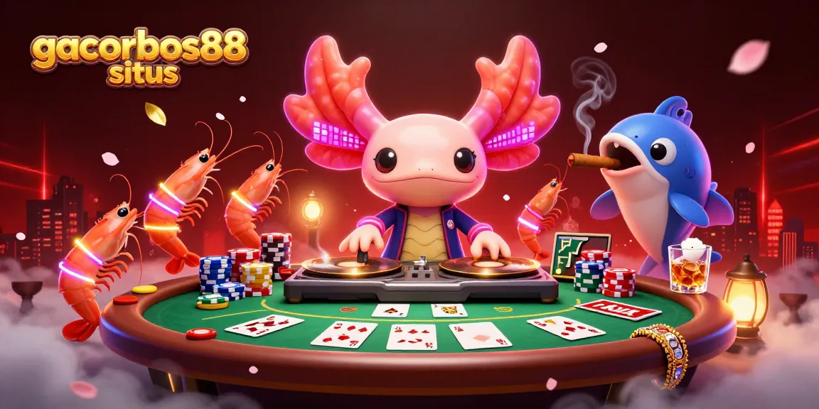 Join the excitement with gacorbos88 situs, featuring a lively axolotl DJ and vibrant poker elements.