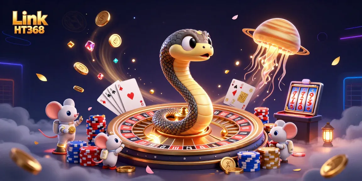 Place bets with Link HT368 in an ultra-detailed cosmic casino illustration featuring unique characters.