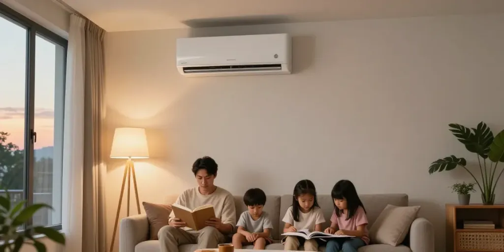 Family enjoying comfort of a mini split AC in a modern living room.