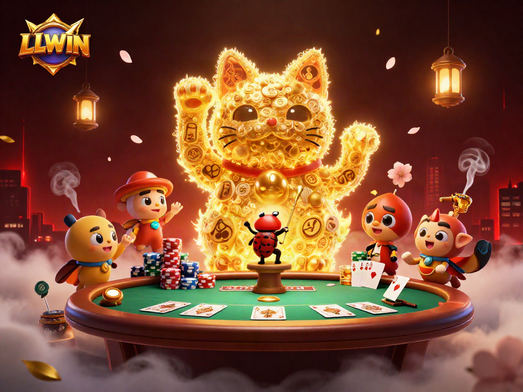Engage in exciting games with the LLWIN lucky cat, surrounded by vibrant casino elements.