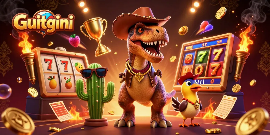 Experience Guitgini with vibrant slot games featuring a T-Rex cowboy and colorful jackpots.