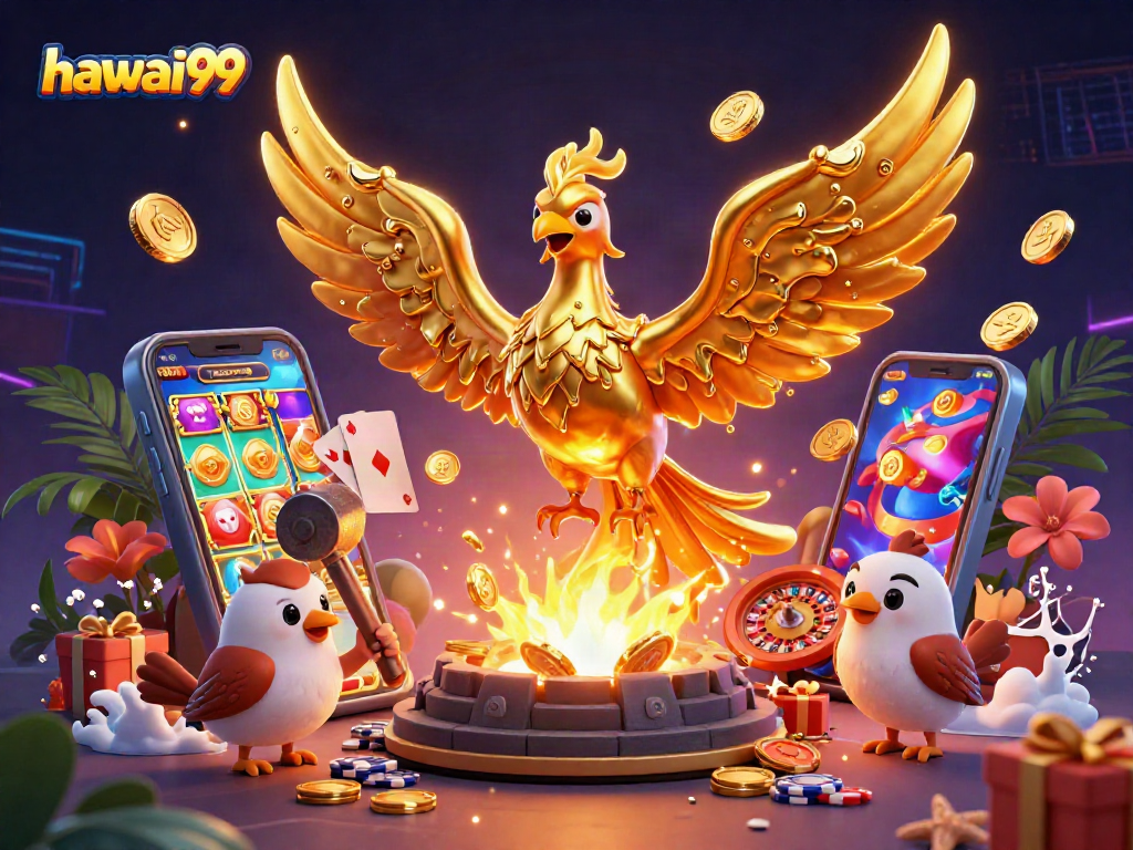 Engage with hawai99 slot games featuring a golden phoenix and casino elements.