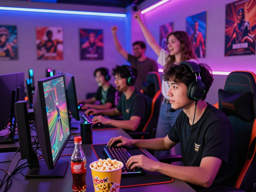 Engaging gaming lounge displaying a player enjoying a bonus new member experience with friends, vibrant atmosphere and dynamic setup.
