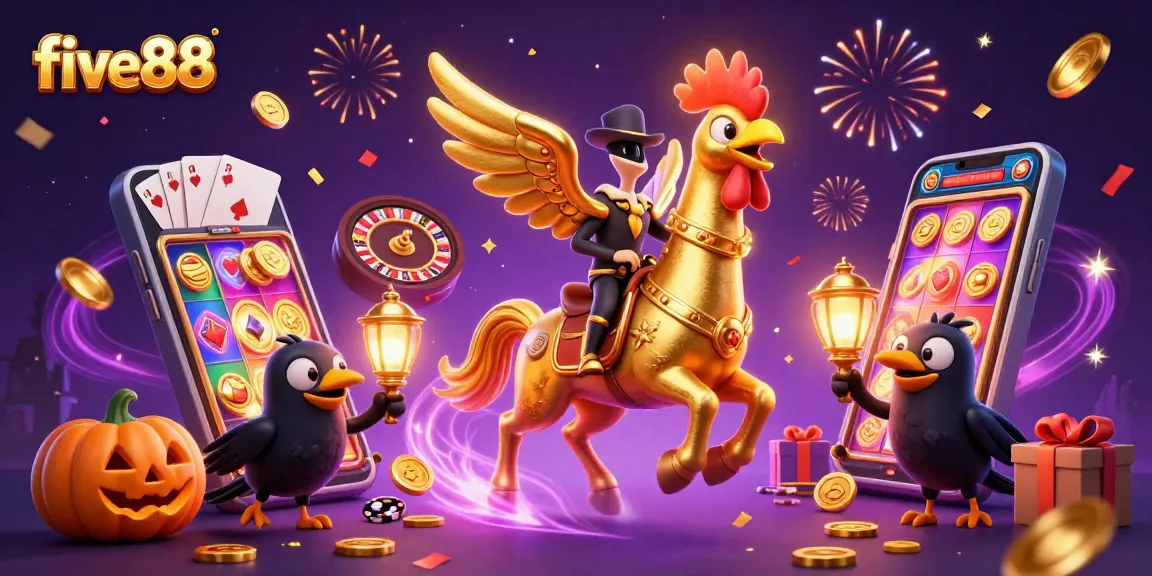 Experience the excitement of gaming at five88 with a golden rooster riding through a midnight casino.