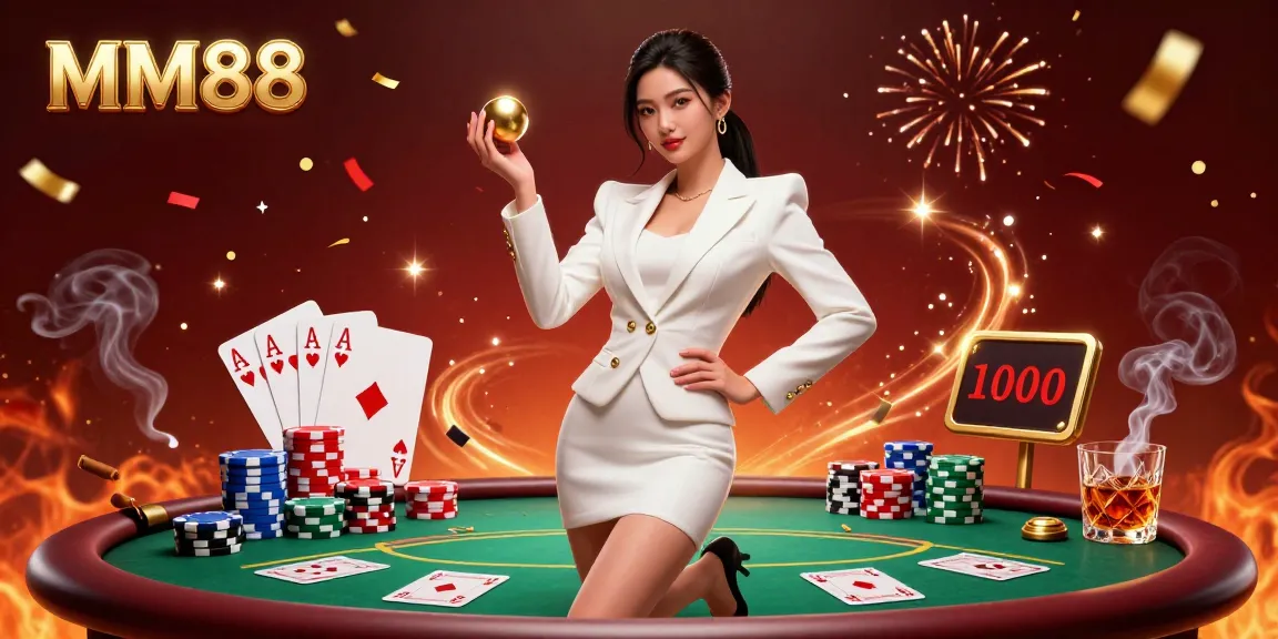 Experience the thrill of MM88 with a confident woman showcasing casino excitement and golden roulette.