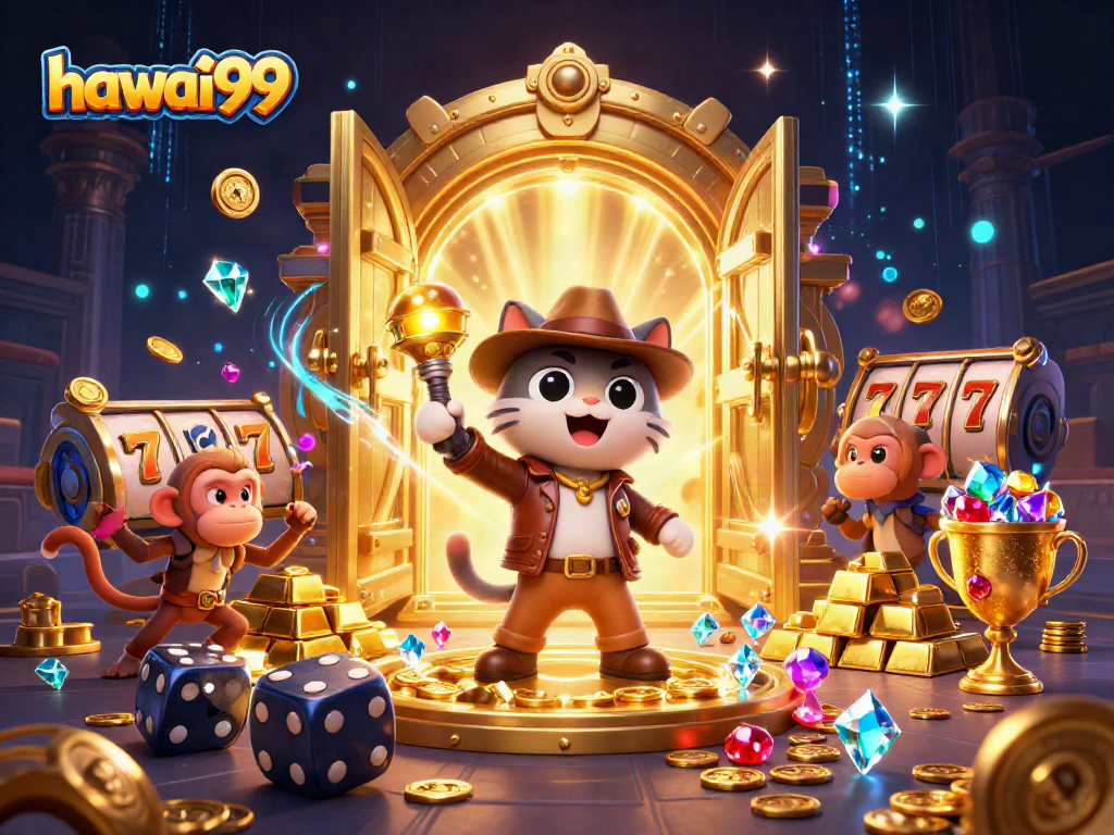Engage with hawai99 as a daring cat explorer uncovers treasures in a casino-themed temple.