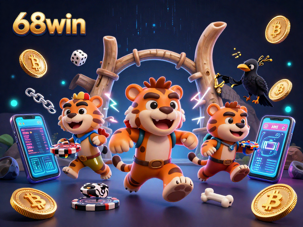 Engage in thrilling gameplay at 68win, featuring vibrant characters in a dynamic casino scene.