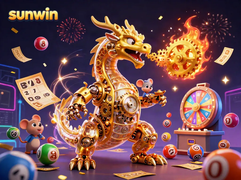 Experience the thrilling world of sunwin with a golden dragon surrounded by vibrant lottery elements and dynamic gambling visuals.