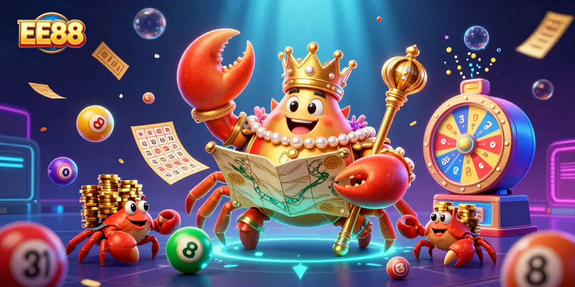 Experience exciting gameplay at EE88 with a vibrant 3D casino scene featuring lottery elements, prizes, and golden crab characters.