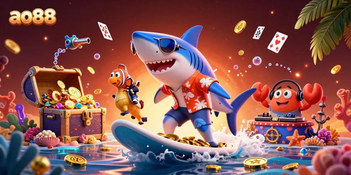 Experience the excitement of ao88 with 3D cartoon characters surfing gold coins in a vibrant casino scene.