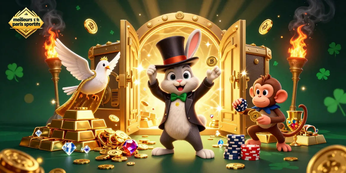 Cette illustration 3D montre les meilleurs sites de paris sportifs, avec un lapin magicien et des éléments de casino captivants.
