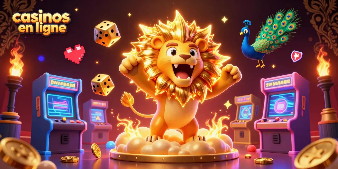 Illustration dynamique illustrant des casinos en ligne avec un lion en 3D, des dés dorés et des machines de jeu