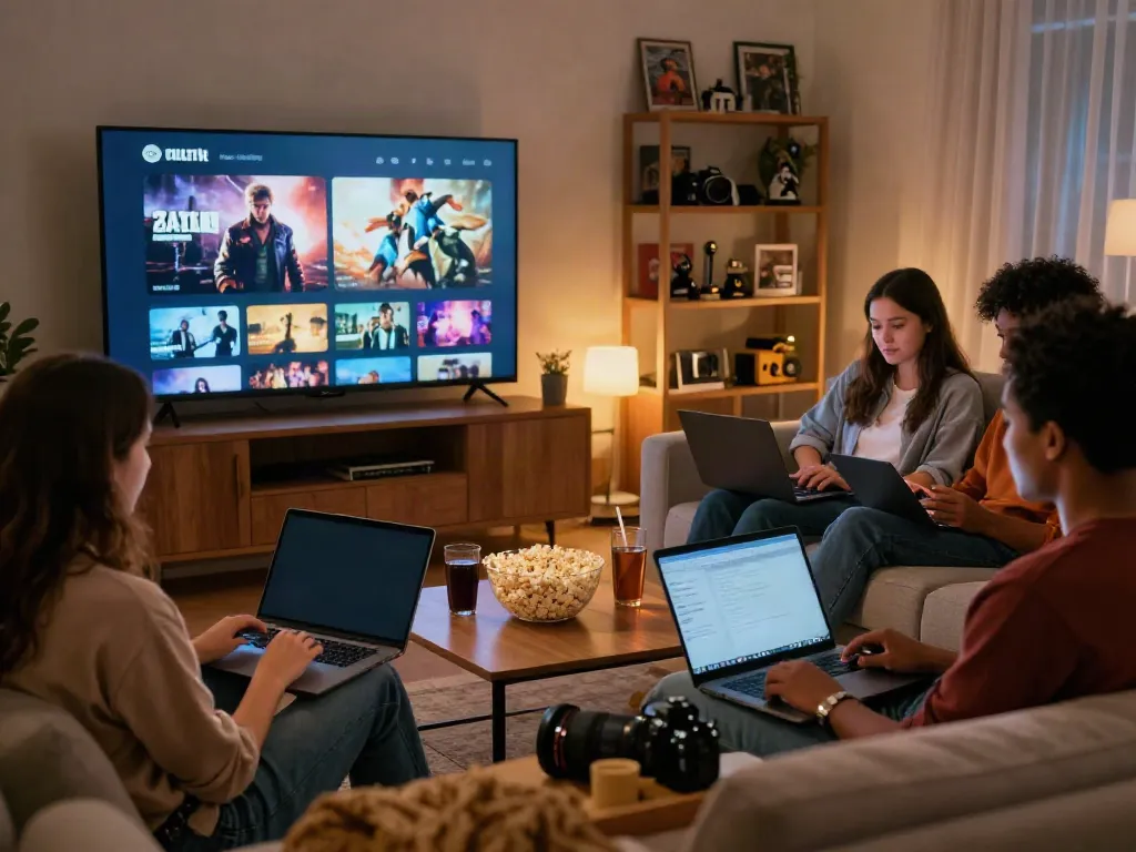 Friends enjoying movie streaming via ZoeChip on a cozy sofa.