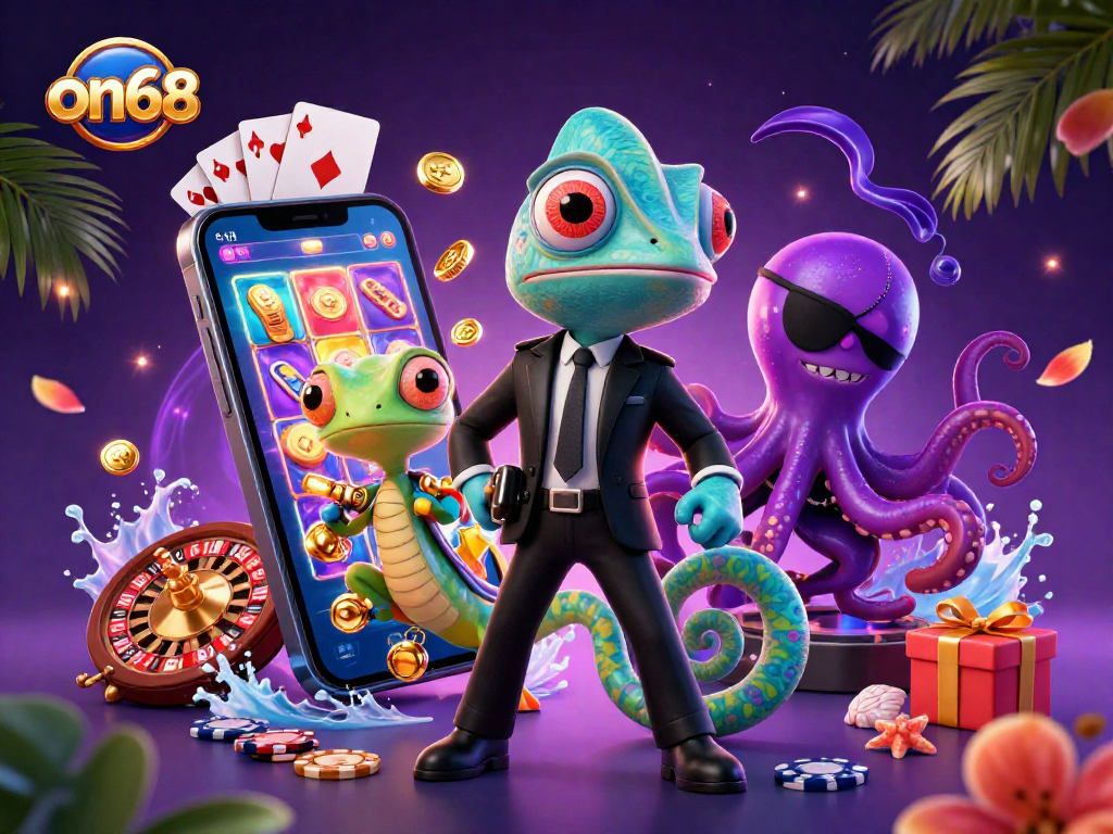 Experience the excitement at on68 with vibrant characters and colorful gambling elements in a dynamic scene.