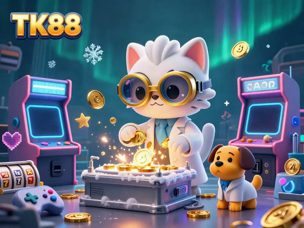 Engage with TK88 illustrated as a fun 3D scene with a mad scientist cat, showcasing casino slot excitement and colorful game elements.
