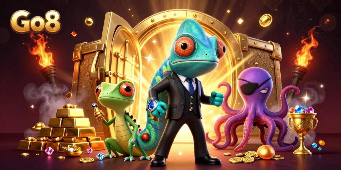 Experience thrilling wins at Go8 with a vibrant 3D casino scene showcasing unique characters and treasures.