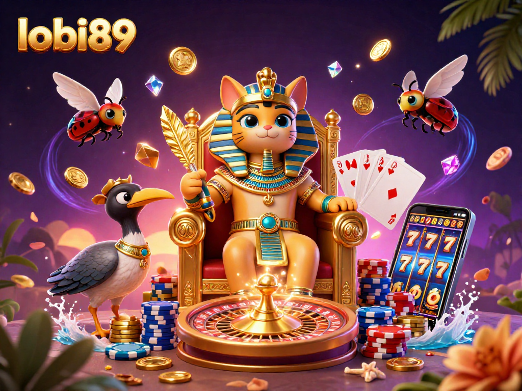 Permainan menarik dari lobi89 ditampilkan dengan kucing firaun kartun dan elemen judi yang megah.