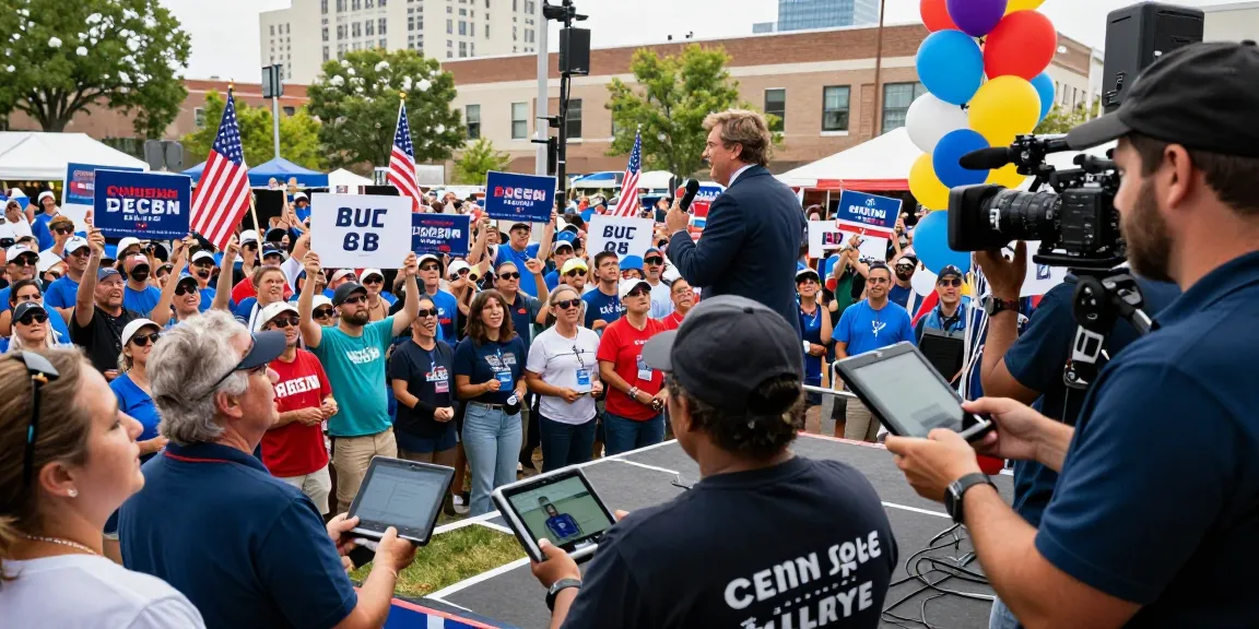 Political social media advertising at a dynamic campaign rally with candidate engaging a supportive crowd.