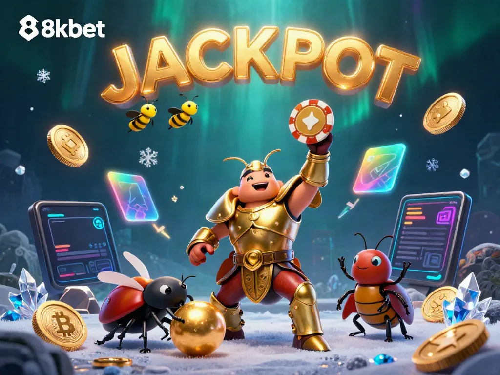 Engage with 8xbet's vibrant, immersive illustration featuring a cartoon hero celebrating a jackpot.