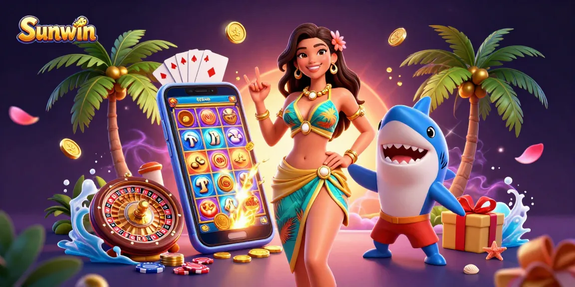 Sunwin engages players with thrilling casino games surrounded by a vibrant 3D scene.
