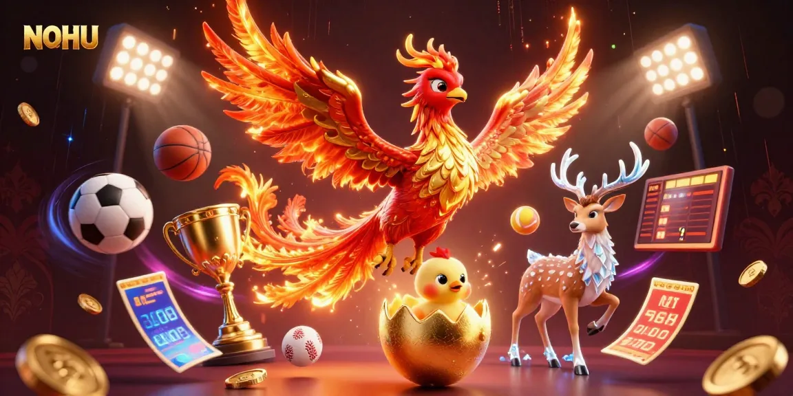 Experience the thrill of NOHU with an action-packed, vibrant 3D illustration featuring iconic gambling symbols and characters.