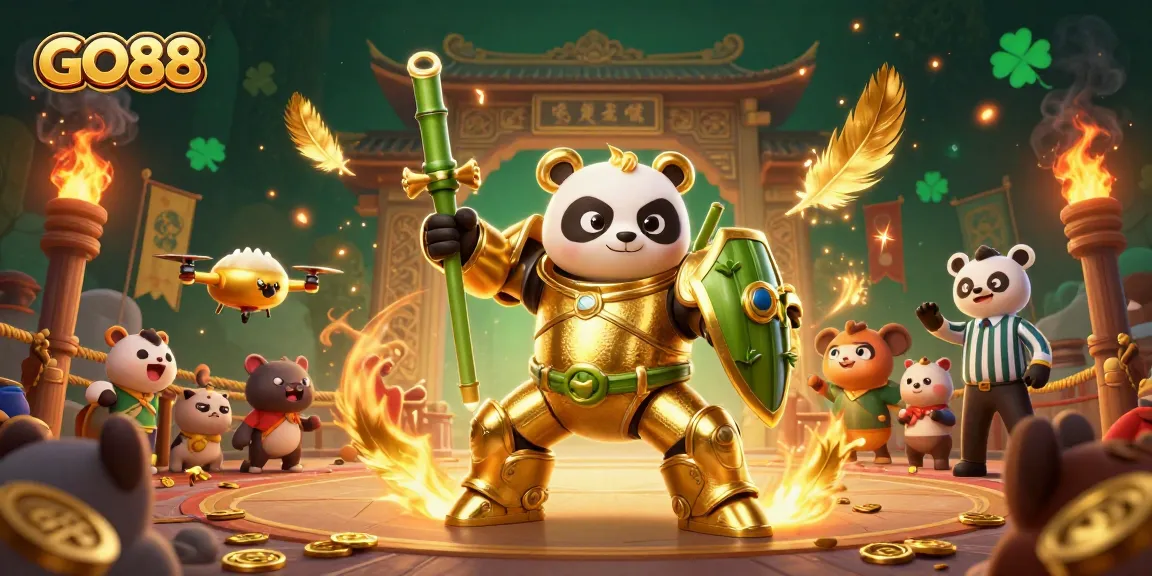 Experience GO88's dynamic gaming scene with a mech-suit panda in a vibrant arena.
