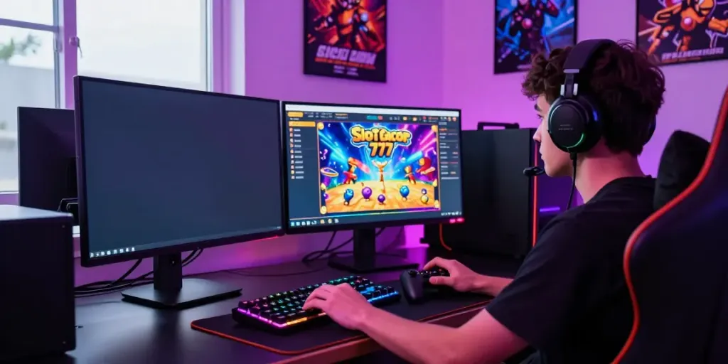 Pengalaman bermain slot777 di ruang permainan modern dengan aksesori permainan.